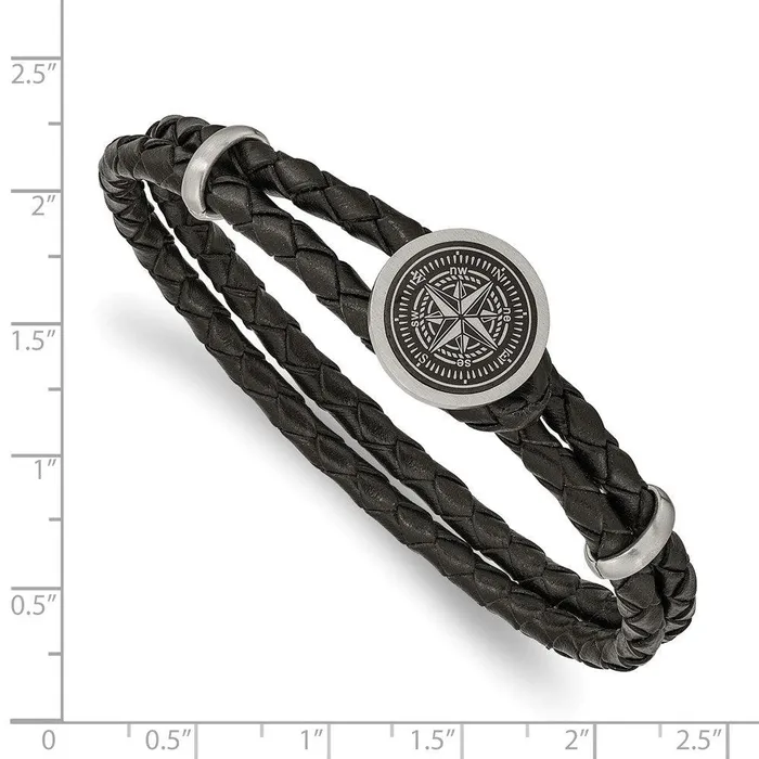 Chisel Stainless Steel Brushed Lasered Compass Black Leather 85in Bracelet Bracelets Chisel Stainless Steel Brushed Lasered Compass Black Leather 85in Bracelet Bracelets