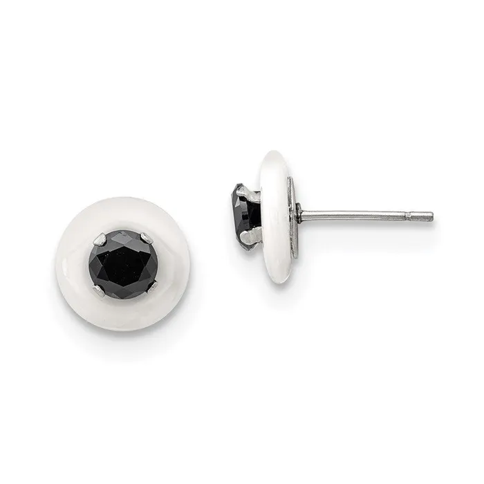 Chisel Stainless Steel Polished White Ceramic wBlack CZ Post Earrings Earrings Chisel Stainless Steel Polished White Ceramic wBlack CZ Post Earrings Earrings