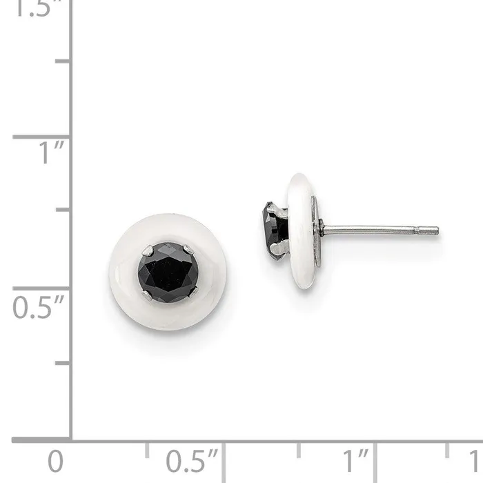 Chisel Stainless Steel Polished White Ceramic wBlack CZ Post Earrings Earrings Chisel Stainless Steel Polished White Ceramic wBlack CZ Post Earrings Earrings