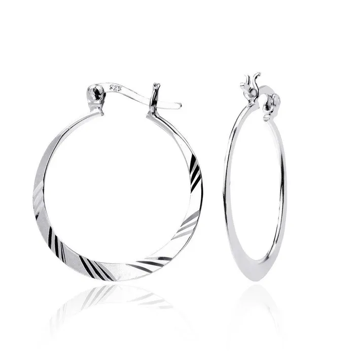 Classic Earrings Sterling Silver Diamond Cut Hoop Earrings