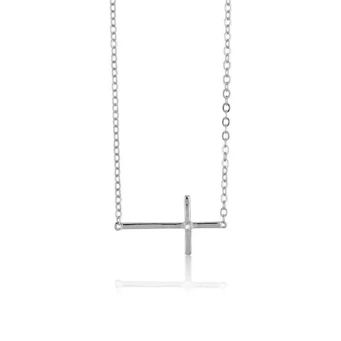 Classic Necklaces Sterling Silver Sideways Cross Single CZ Necklace