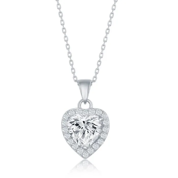 Classic Sterling Silver Heart CZ Pendant Necklaces