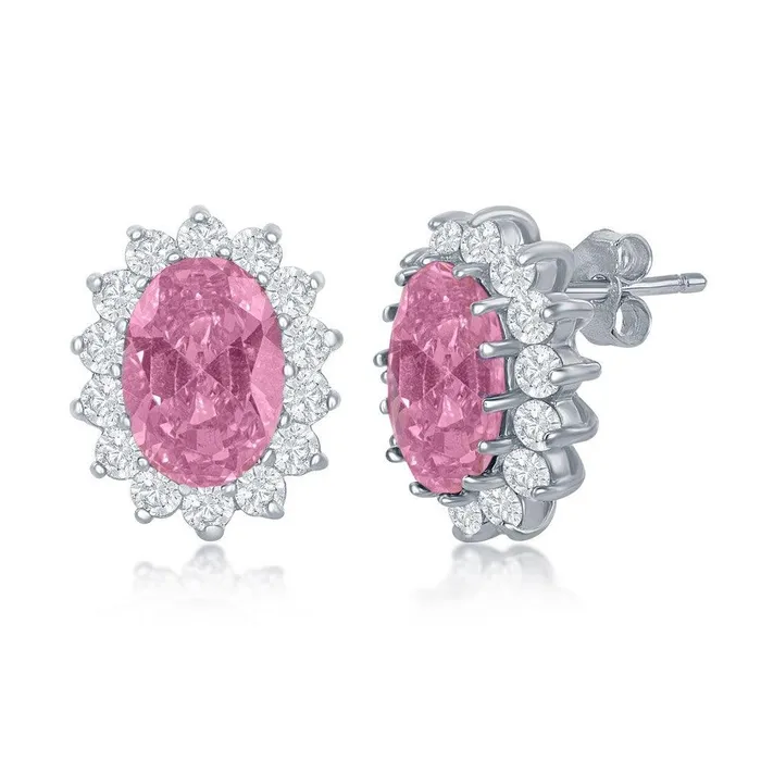 Classic Sterling Silver Oval Pink CZ Clear Stud Earrings Earrings