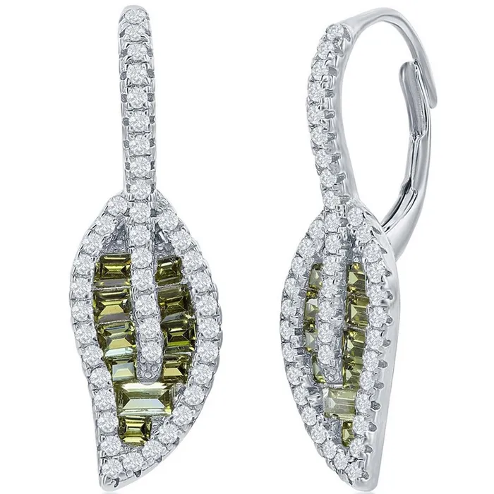 Classic Womens Earrings Silver Peridot Baguette and Round White CZ Leaf D8159 Classic Earrings Classic Womens Earrings Silver Peridot Baguette and Round White CZ Leaf D8159 Classic Earrings
