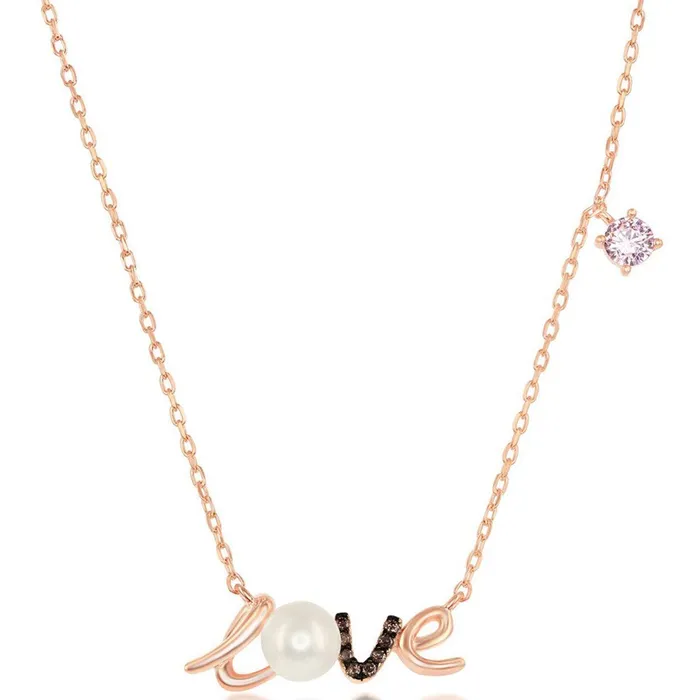 Classic Womens Necklace Sterling Silver Rose Gold FWP and Pink CZ LOVE M6609 Classic Necklaces Classic Womens Necklace Sterling Silver Rose Gold FWP and Pink CZ LOVE M6609 Classic Necklaces