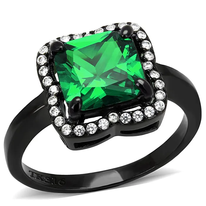 DA029 IP BlackIon Plating Stainless Steel Ring with AAA Grade CZ in Emerald Alamode Rings