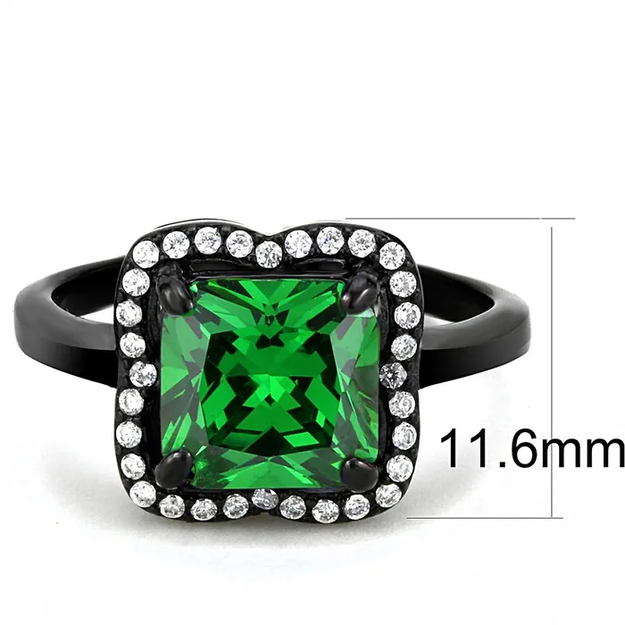 DA029 IP BlackIon Plating Stainless Steel Ring with AAA Grade CZ in Emerald Alamode Rings
