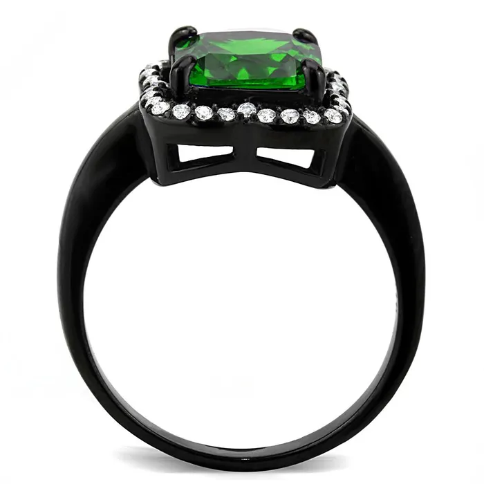 DA029 IP BlackIon Plating Stainless Steel Ring with AAA Grade CZ in Emerald Alamode Rings