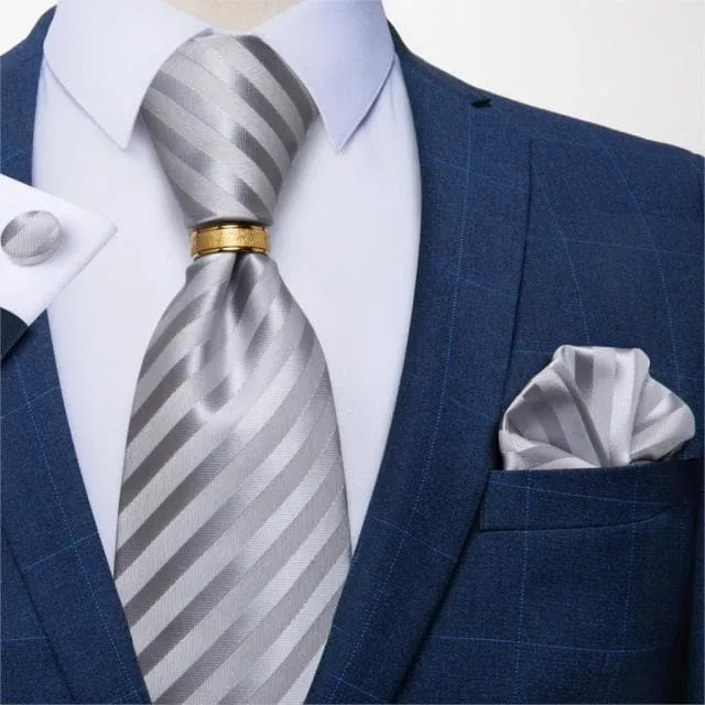 DBG VIP Design Collection Mens Fashion Light Emerald Green Silver Gray Stripes 100 Premium Quality Silk Tie Set Divine Inspiration Styles Earrings