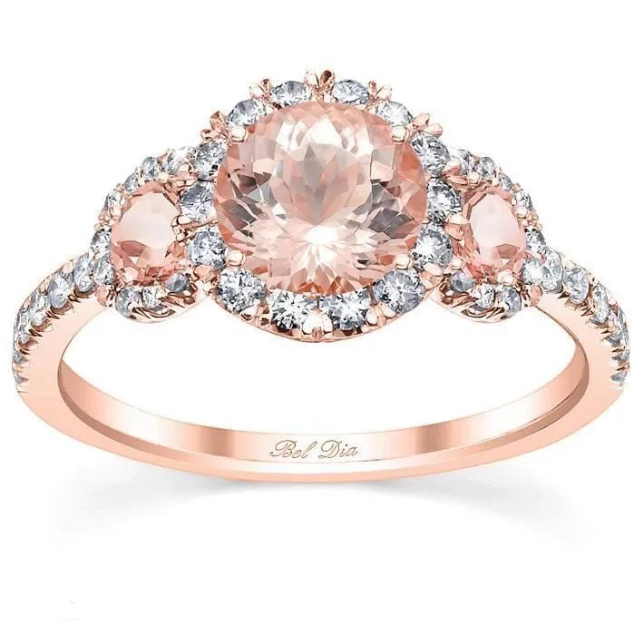 deBebians Morganite Rose Gold Halo Three Stone Ring Rings