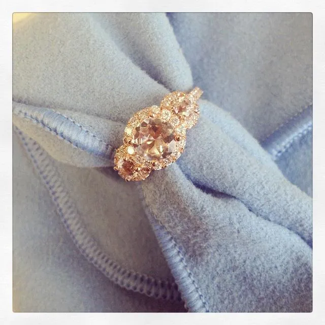 deBebians Morganite Rose Gold Halo Three Stone Ring Rings