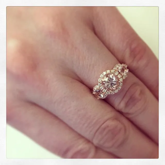 deBebians Morganite Rose Gold Halo Three Stone Ring Rings