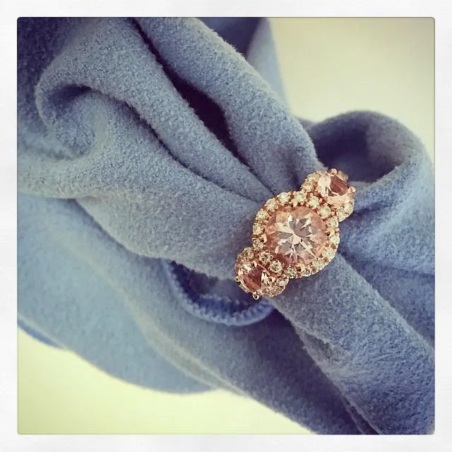 deBebians Morganite Rose Gold Halo Three Stone Ring Rings