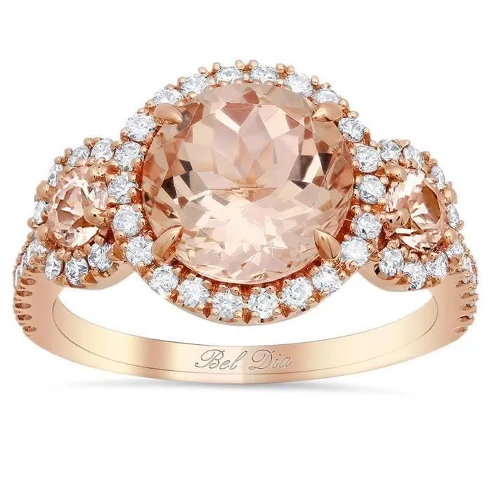 deBebians Morganite Rose Gold Halo Three Stone Ring Rings