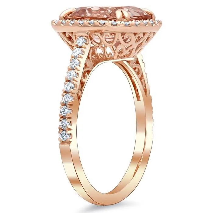 deBebians Rings Morganite Rose Gold Halo Engagement Ring with Floral Basket