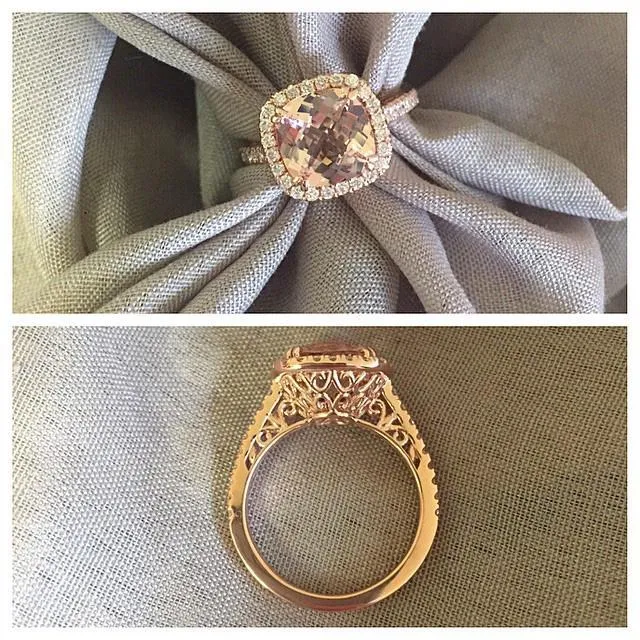 deBebians Rings Morganite Rose Gold Halo Engagement Ring with Floral Basket