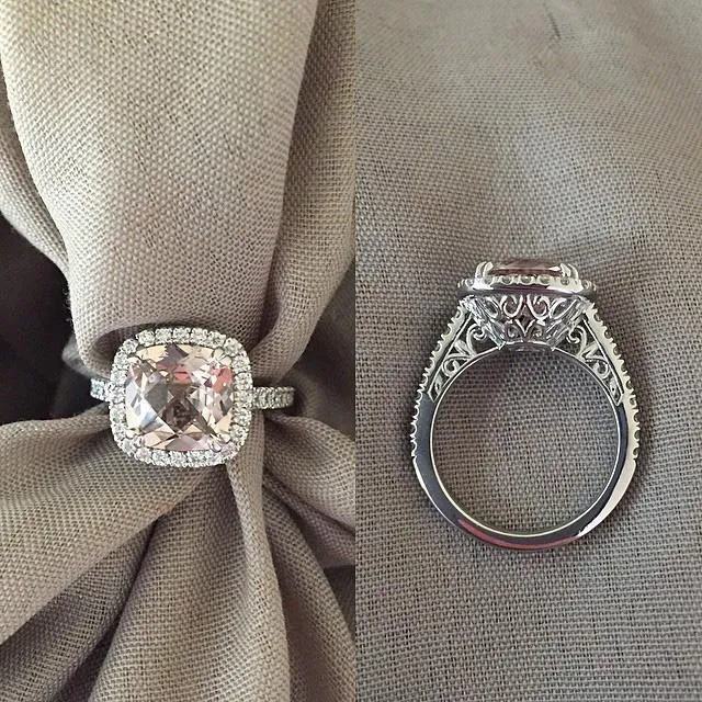 deBebians Rings Morganite Rose Gold Halo Engagement Ring with Floral Basket