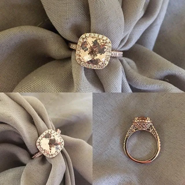 deBebians Rings Morganite Rose Gold Halo Engagement Ring with Floral Basket
