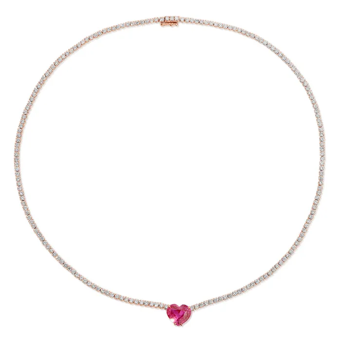 DIAMOND HEPBURN NECKLACE WITH HEART SHAPED PINK SAPPHIRE CENTER anitako Necklaces