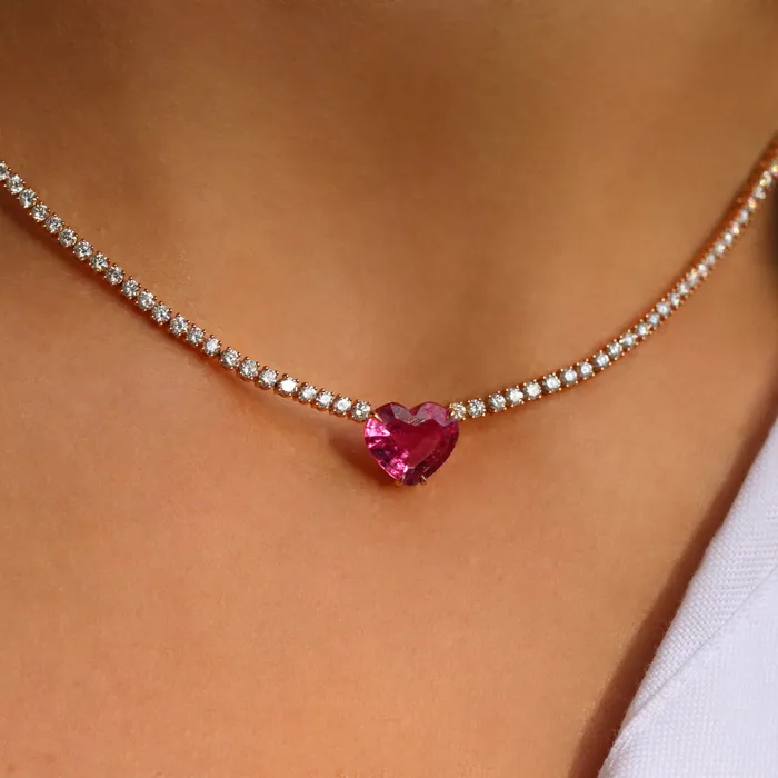 DIAMOND HEPBURN NECKLACE WITH HEART SHAPED PINK SAPPHIRE CENTER anitako Necklaces