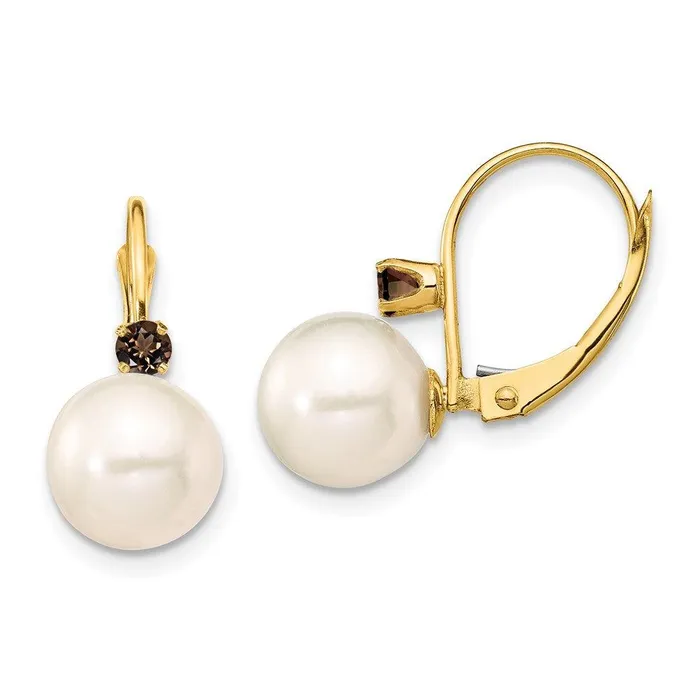 Earrings Jewelry 14K 885mm White Round FWC Pearl Smokey Quartz Leverback Earrings Earrings Jewelry 14K 885mm White Round FWC Pearl Smokey Quartz Leverback Earrings