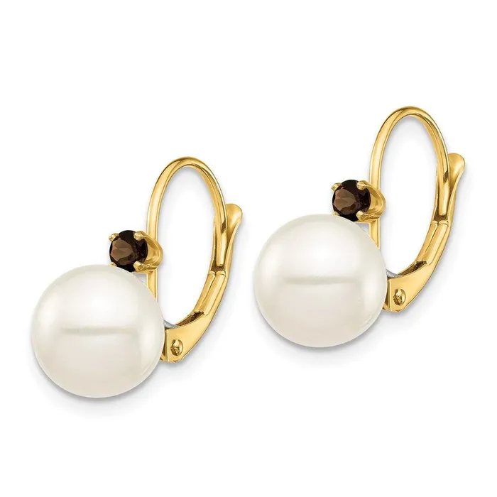 Earrings Jewelry 14K 885mm White Round FWC Pearl Smokey Quartz Leverback Earrings Earrings Jewelry 14K 885mm White Round FWC Pearl Smokey Quartz Leverback Earrings