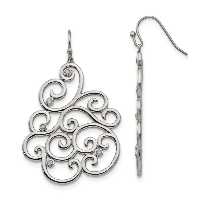 Earrings Stainless Steel Polished Filigree CZ Dangle Shepherd Hook Earrings Chisel Earrings Stainless Steel Polished Filigree CZ Dangle Shepherd Hook Earrings Chisel