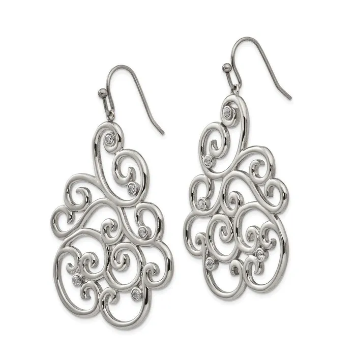 Earrings Stainless Steel Polished Filigree CZ Dangle Shepherd Hook Earrings Chisel Earrings Stainless Steel Polished Filigree CZ Dangle Shepherd Hook Earrings Chisel
