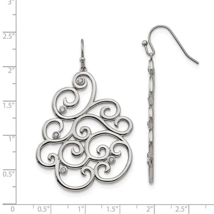 Earrings Stainless Steel Polished Filigree CZ Dangle Shepherd Hook Earrings Chisel Earrings Stainless Steel Polished Filigree CZ Dangle Shepherd Hook Earrings Chisel