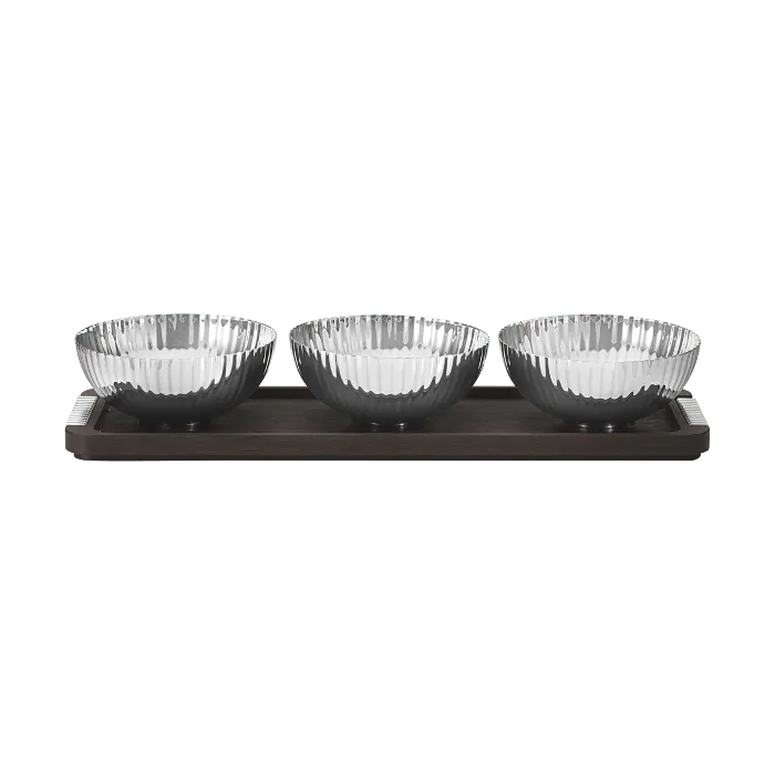 Georg Jensen Bernadotte Triple Bowl Set in Stand Wood Stainless Steel Georg Jensen Earrings Georg Jensen Bernadotte Triple Bowl Set in Stand Wood Stainless Steel Georg Jensen Earrings