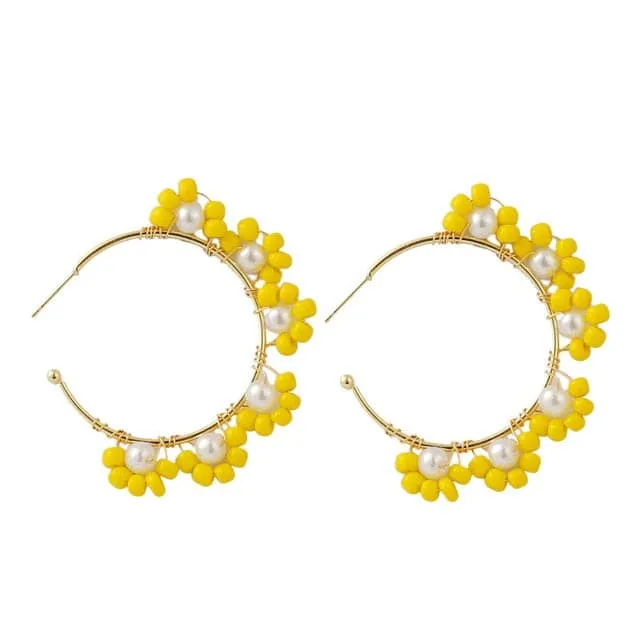 LDP Womens Fashion Statement Design Beaded Yellow Multicolor Flower Style Gold Earrings Divine Inspiration Styles Earrings