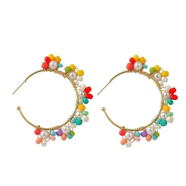 LDP Womens Fashion Statement Design Beaded Yellow Multicolor Flower Style Gold Earrings Divine Inspiration Styles Earrings