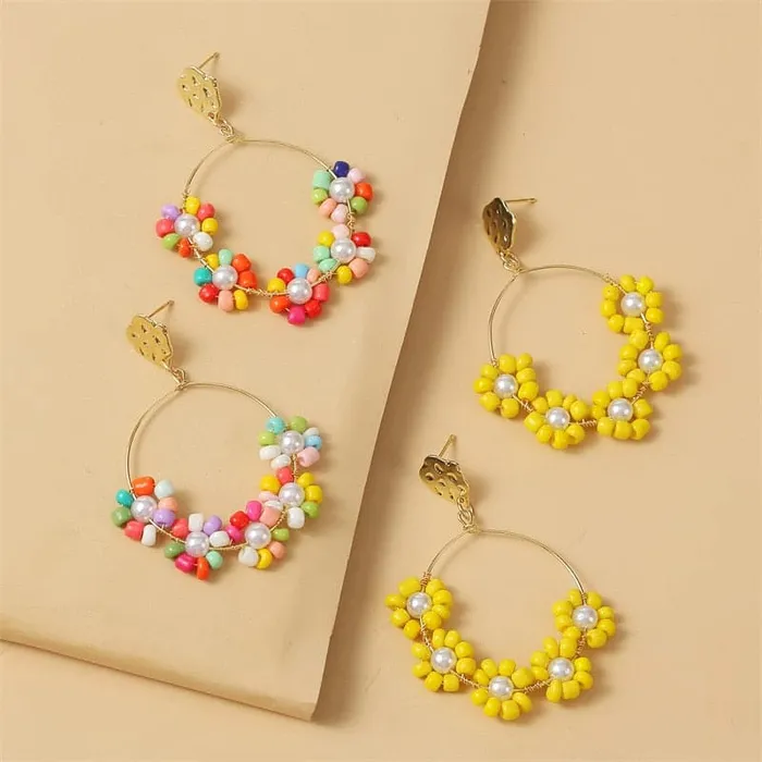 LDP Womens Fashion Statement Design Beaded Yellow Multicolor Flower Style Gold Earrings Divine Inspiration Styles Earrings