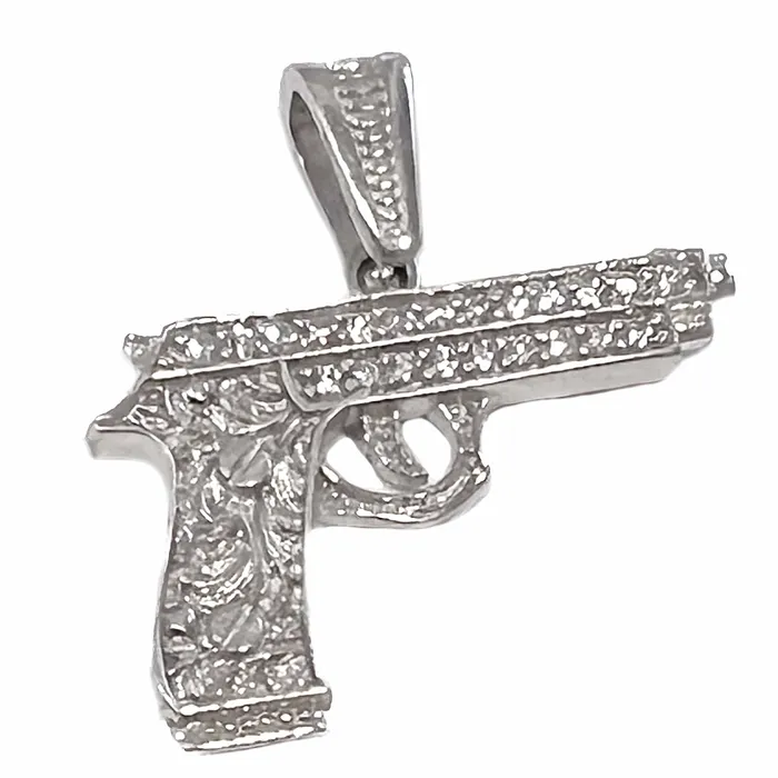 Necklaces Bling Cartel 925 Sterling Silver Gun Pistol Scrollwork Engraving Iced CZ Pendant Necklaces Bling Cartel 925 Sterling Silver Gun Pistol Scrollwork Engraving Iced CZ Pendant