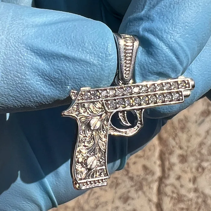 Necklaces Bling Cartel 925 Sterling Silver Gun Pistol Scrollwork Engraving Iced CZ Pendant Necklaces Bling Cartel 925 Sterling Silver Gun Pistol Scrollwork Engraving Iced CZ Pendant