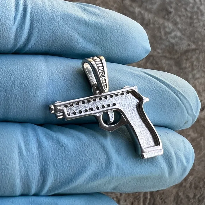 Necklaces Bling Cartel 925 Sterling Silver Gun Pistol Scrollwork Engraving Iced CZ Pendant Necklaces Bling Cartel 925 Sterling Silver Gun Pistol Scrollwork Engraving Iced CZ Pendant