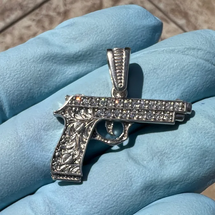 Necklaces Bling Cartel 925 Sterling Silver Gun Pistol Scrollwork Engraving Iced CZ Pendant Necklaces Bling Cartel 925 Sterling Silver Gun Pistol Scrollwork Engraving Iced CZ Pendant