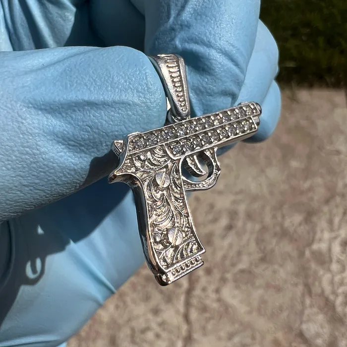 Necklaces Bling Cartel 925 Sterling Silver Gun Pistol Scrollwork Engraving Iced CZ Pendant Necklaces Bling Cartel 925 Sterling Silver Gun Pistol Scrollwork Engraving Iced CZ Pendant