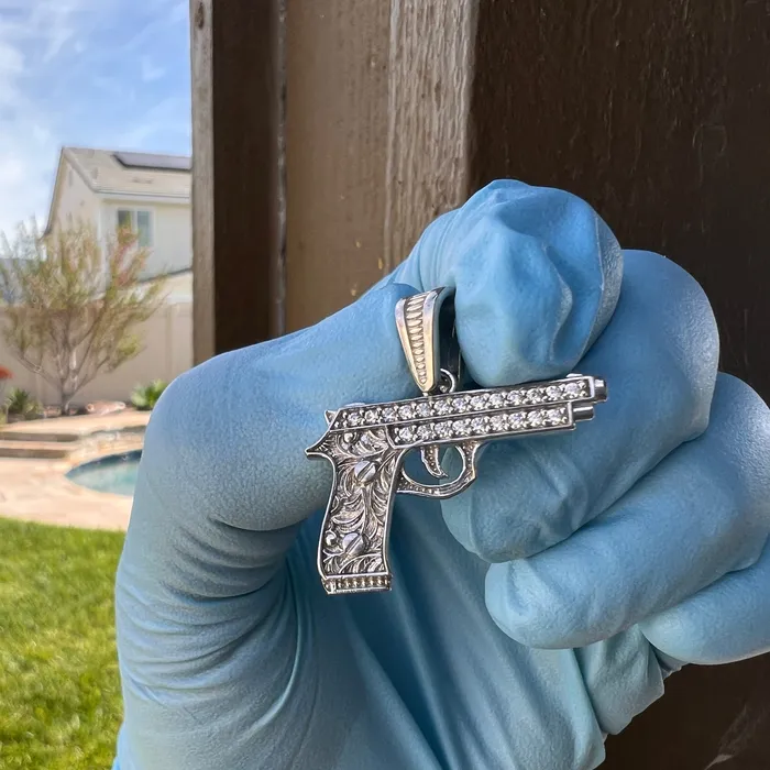 Necklaces Bling Cartel 925 Sterling Silver Gun Pistol Scrollwork Engraving Iced CZ Pendant Necklaces Bling Cartel 925 Sterling Silver Gun Pistol Scrollwork Engraving Iced CZ Pendant