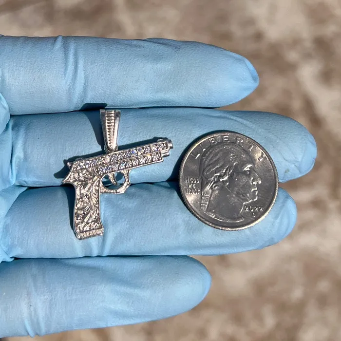 Necklaces Bling Cartel 925 Sterling Silver Gun Pistol Scrollwork Engraving Iced CZ Pendant Necklaces Bling Cartel 925 Sterling Silver Gun Pistol Scrollwork Engraving Iced CZ Pendant