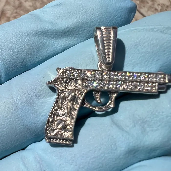 Necklaces Bling Cartel 925 Sterling Silver Gun Pistol Scrollwork Engraving Iced CZ Pendant Necklaces Bling Cartel 925 Sterling Silver Gun Pistol Scrollwork Engraving Iced CZ Pendant