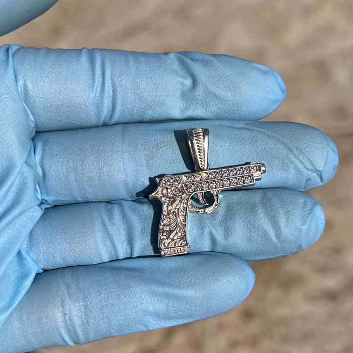 Necklaces Bling Cartel 925 Sterling Silver Gun Pistol Scrollwork Engraving Iced CZ Pendant Necklaces Bling Cartel 925 Sterling Silver Gun Pistol Scrollwork Engraving Iced CZ Pendant