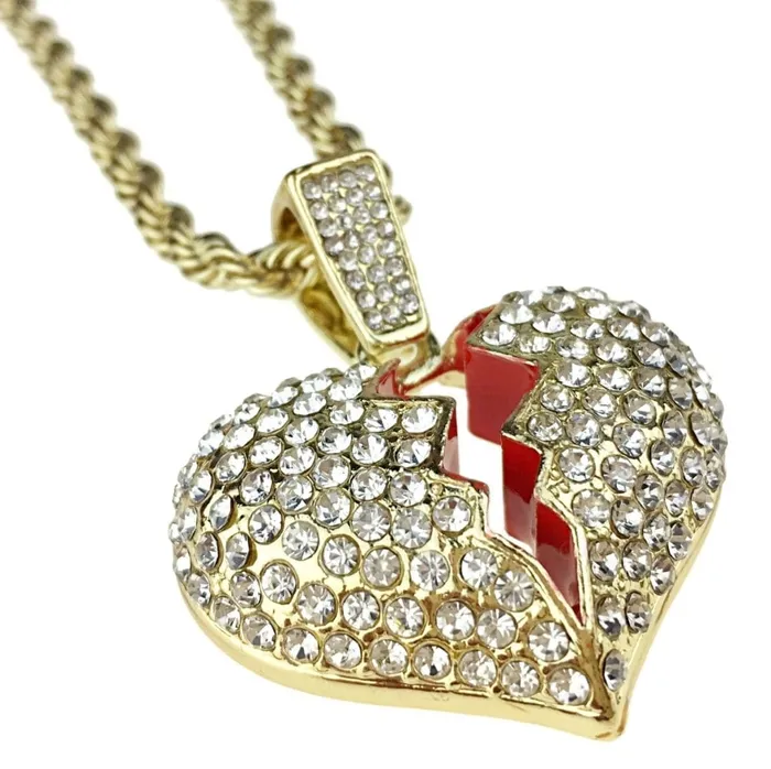 Necklaces Broken Heart Iced Flooded Out Pendant Rope Gold Finish Chain Necklace 24 Bling Cartel Admin