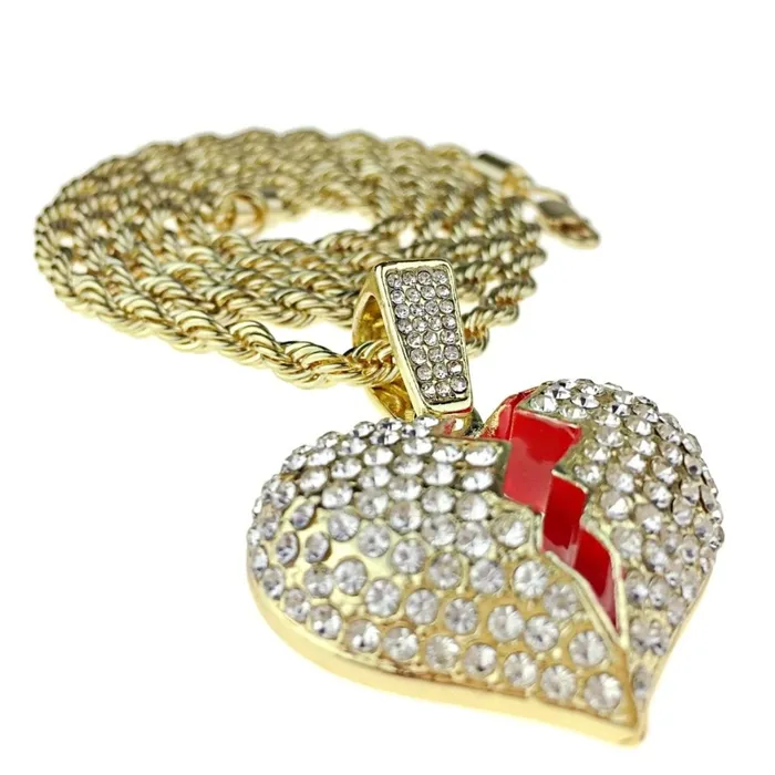 Necklaces Broken Heart Iced Flooded Out Pendant Rope Gold Finish Chain Necklace 24 Bling Cartel Admin