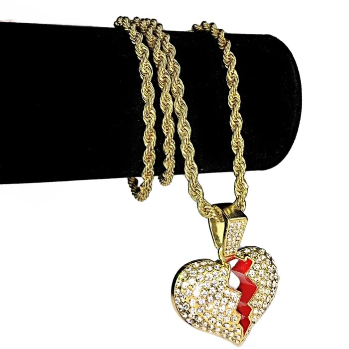 Necklaces Broken Heart Iced Flooded Out Pendant Rope Gold Finish Chain Necklace 24 Bling Cartel Admin