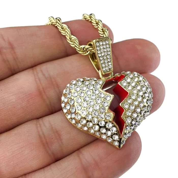 Necklaces Broken Heart Iced Flooded Out Pendant Rope Gold Finish Chain Necklace 24 Bling Cartel Admin