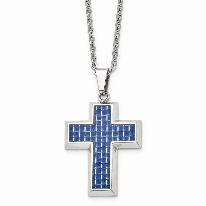 Necklaces Chisel Stainless Steel Polished with Blue Carbon Fiber Inlay Cross 22in Necklace Necklaces Chisel Stainless Steel Polished with Blue Carbon Fiber Inlay Cross 22in Necklace