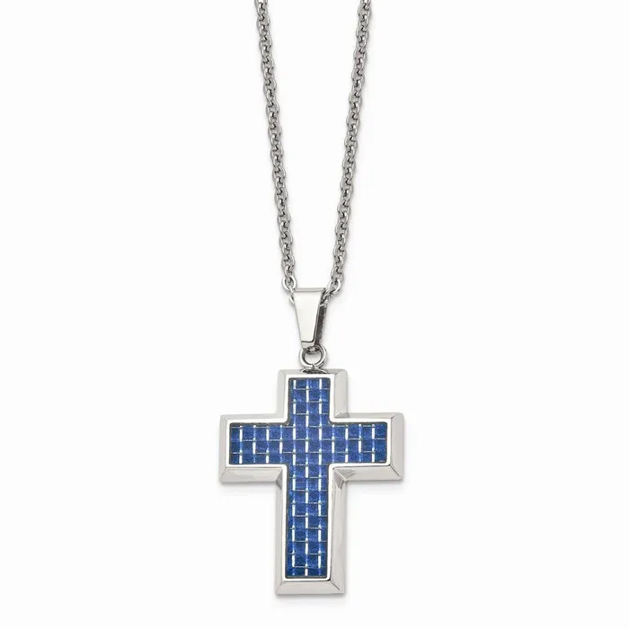 Necklaces Chisel Stainless Steel Polished with Blue Carbon Fiber Inlay Cross 22in Necklace Necklaces Chisel Stainless Steel Polished with Blue Carbon Fiber Inlay Cross 22in Necklace