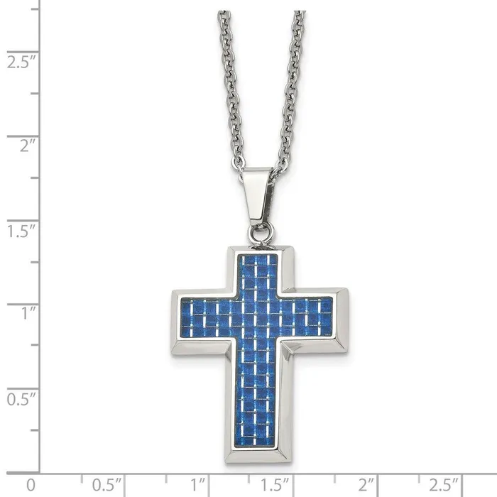 Necklaces Chisel Stainless Steel Polished with Blue Carbon Fiber Inlay Cross 22in Necklace Necklaces Chisel Stainless Steel Polished with Blue Carbon Fiber Inlay Cross 22in Necklace