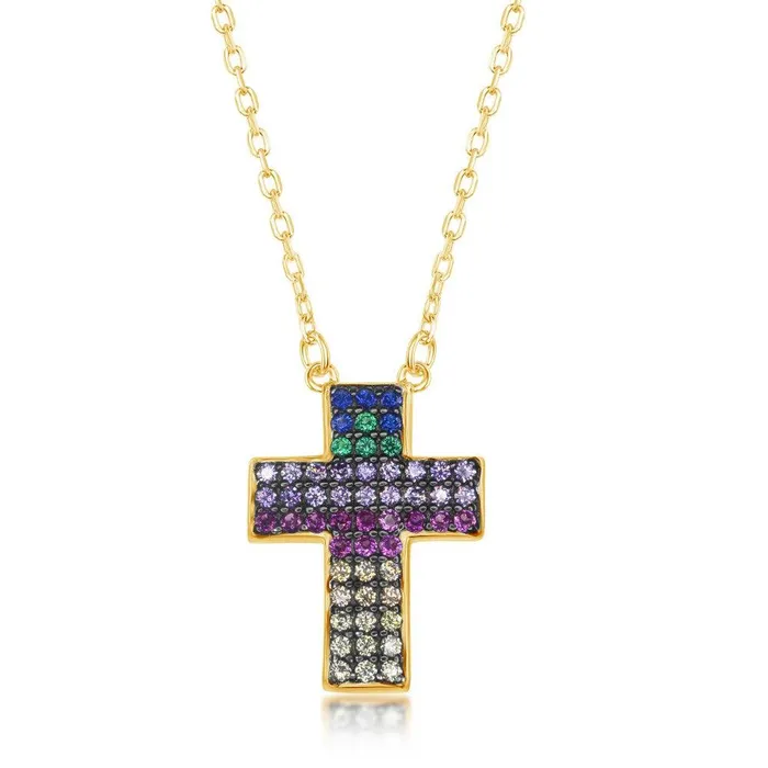 Necklaces Classic Sterling Silver Gold Plated Rainbow CZ Cross Necklace